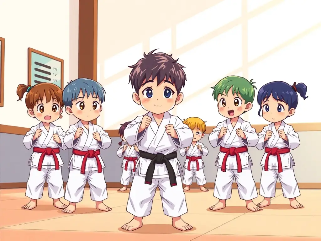 A group of young children in white karate uniforms practicing basic stances under the guidance of an instructor in a dojo. The image should convey energy and focus.