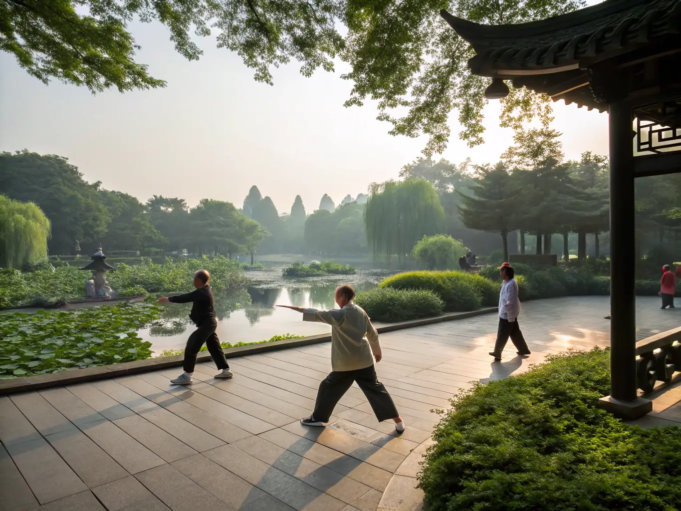 A serene image of participants engaged in a Tai Chi session in a park, emphasizing the health and wellness aspects of the program offered by KARATE CLUB BERNAY.