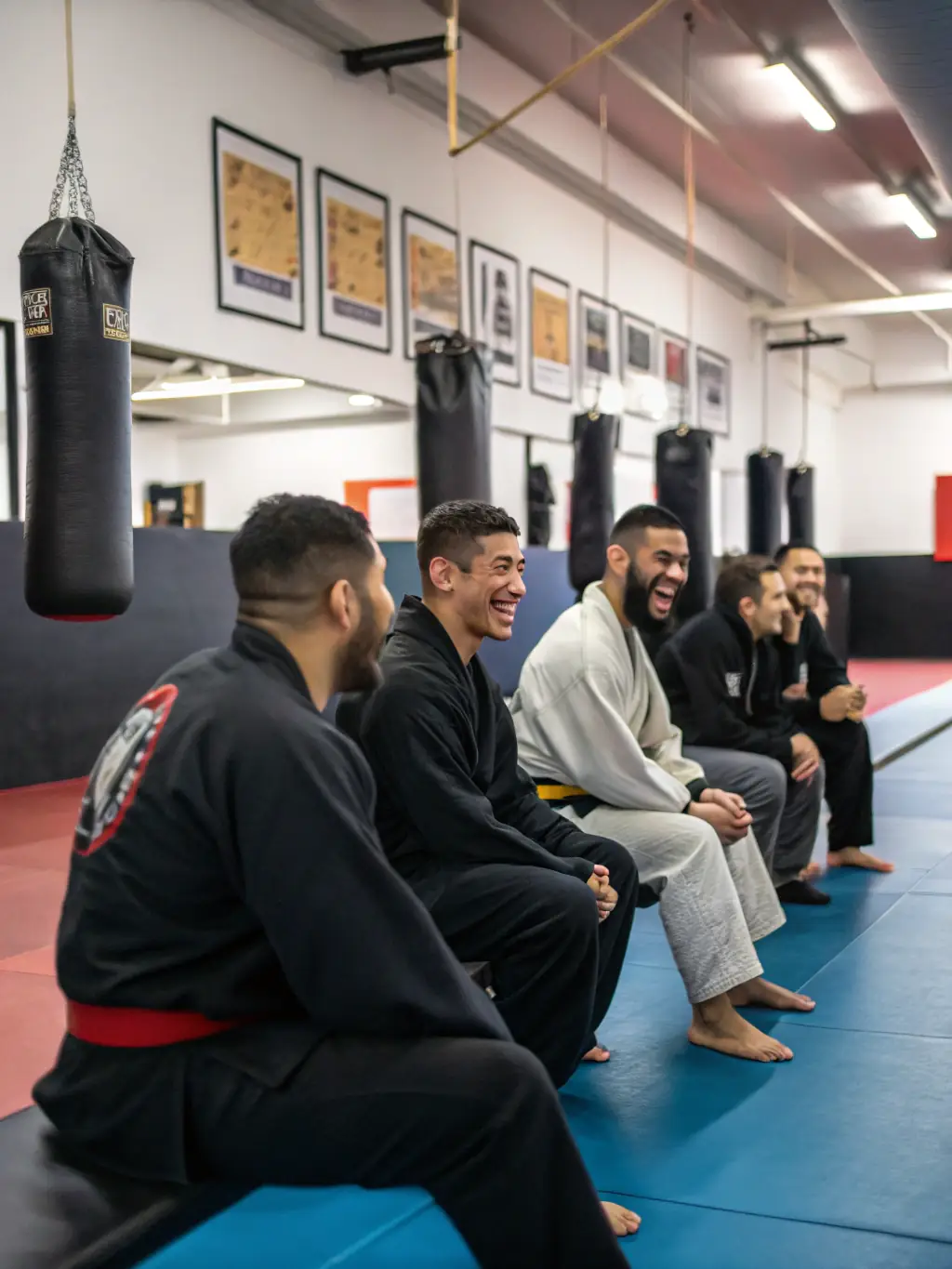 A candid shot of KARATE CLUB BERNAY members laughing and interacting during a break, showcasing the social aspect of the club.