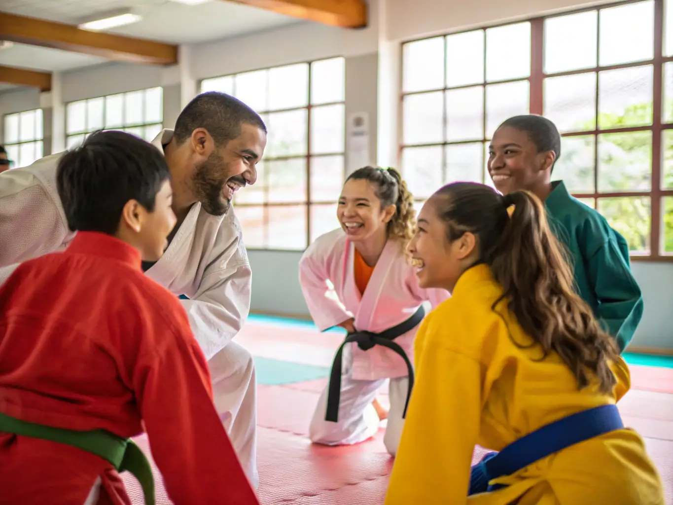 A photograph capturing the inclusive environment of KARATE CLUB BERNAY, showing students of different backgrounds and abilities interacting positively during a training session.