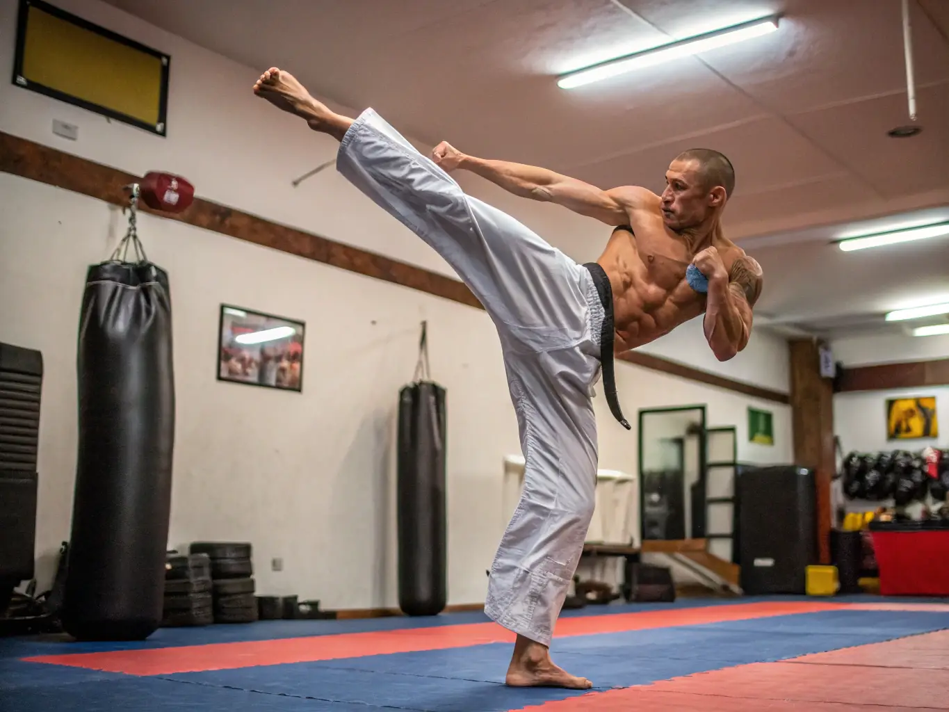 A teenager executing a precise karate kick during a training session, showcasing focus, power, and control. The background includes other students practicing in the dojo.