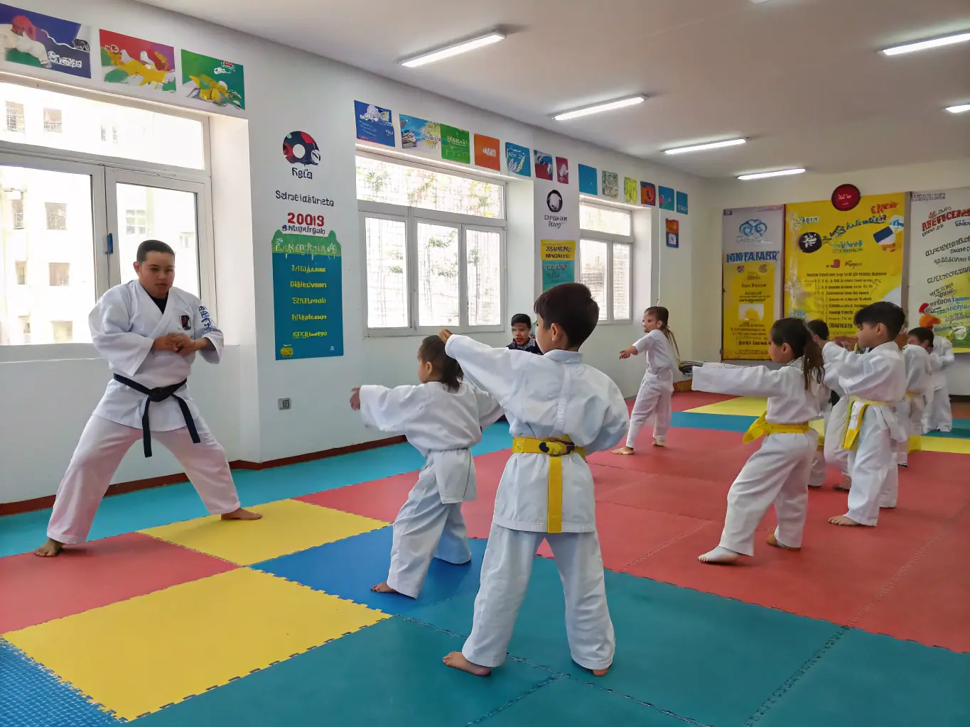 A group of children in karate uniforms practicing basic stances under the guidance of an instructor in a bright and spacious dojo. The image conveys energy, discipline, and fun.