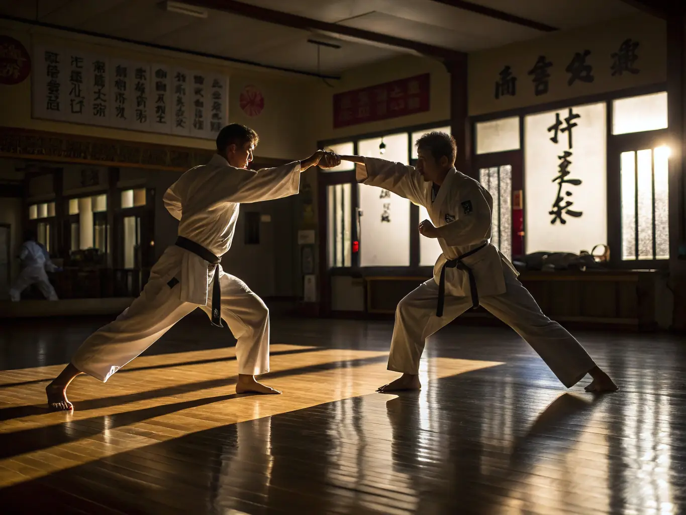 A dynamic image of adult students practicing advanced karate techniques during a training session at KARATE CLUB BERNAY, highlighting the intensity and focus of the advanced program.
