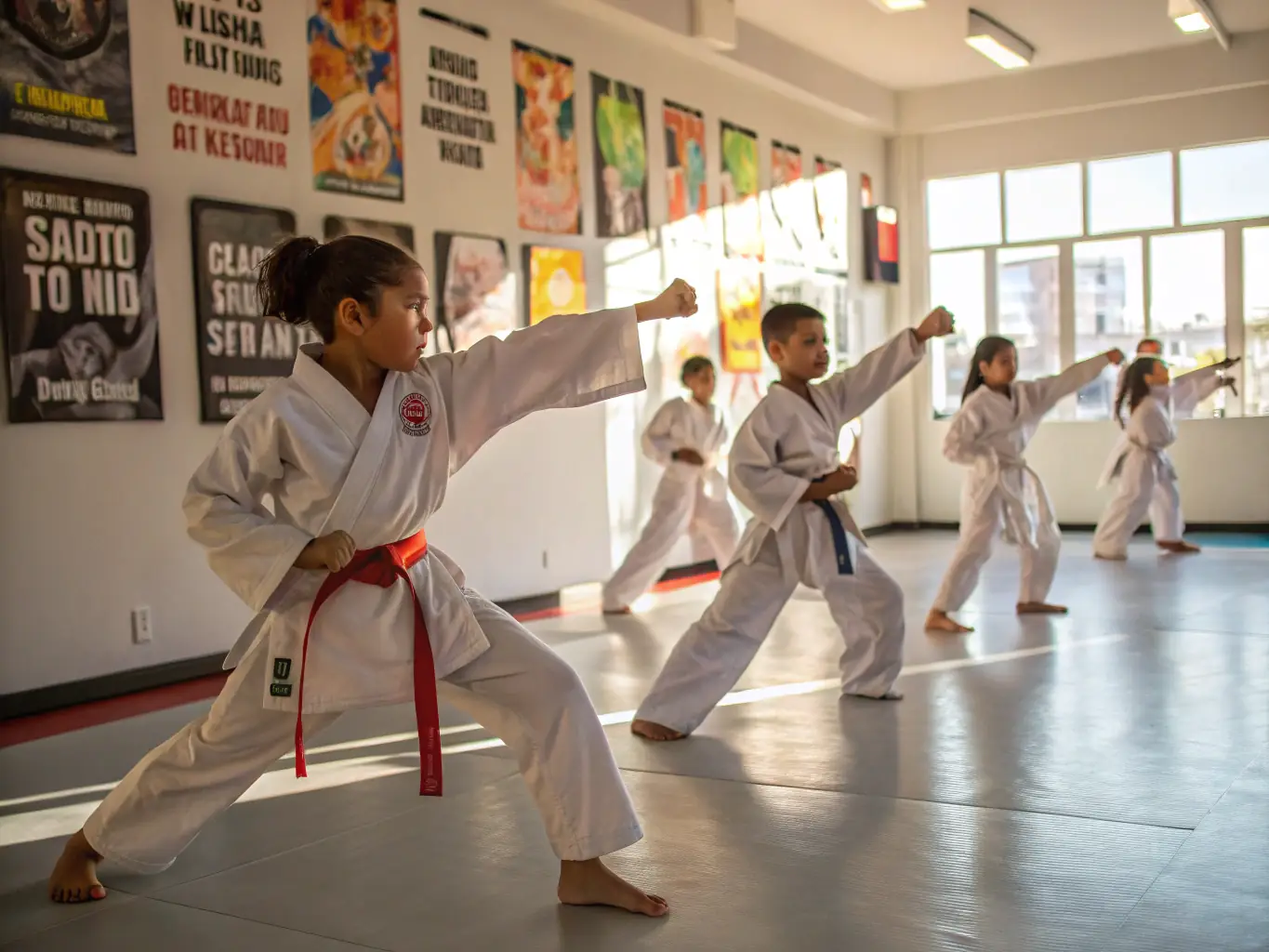 A group of children in karate uniforms practicing basic stances under the guidance of an instructor at KARATE CLUB BERNAY, showcasing the beginner's program.