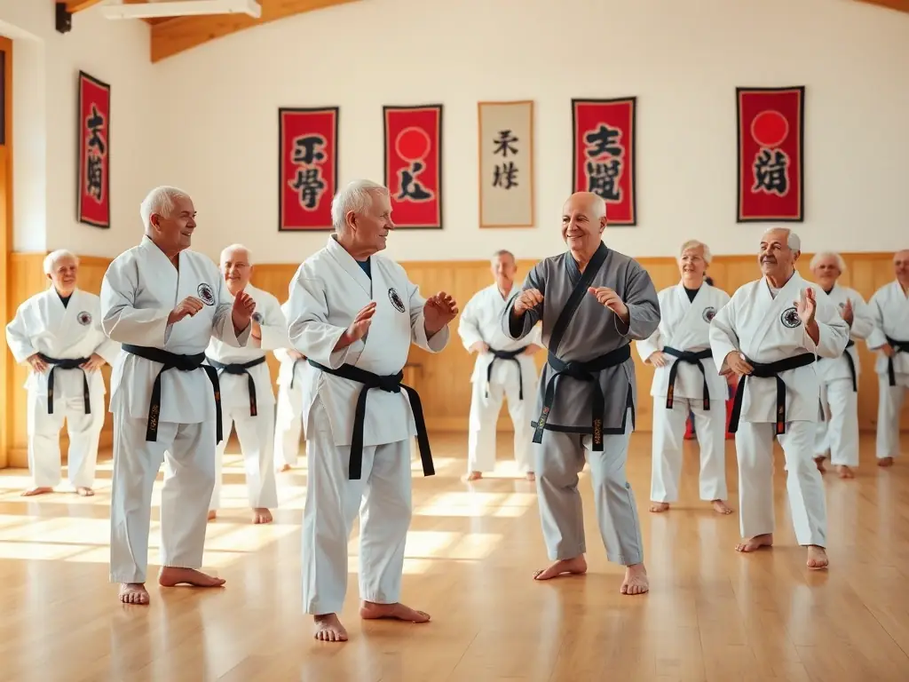 Adults of varying ages and fitness levels participating in a karate class, demonstrating the inclusivity and accessibility of the program. The image highlights the community aspect and the benefits of karate for overall well-being.