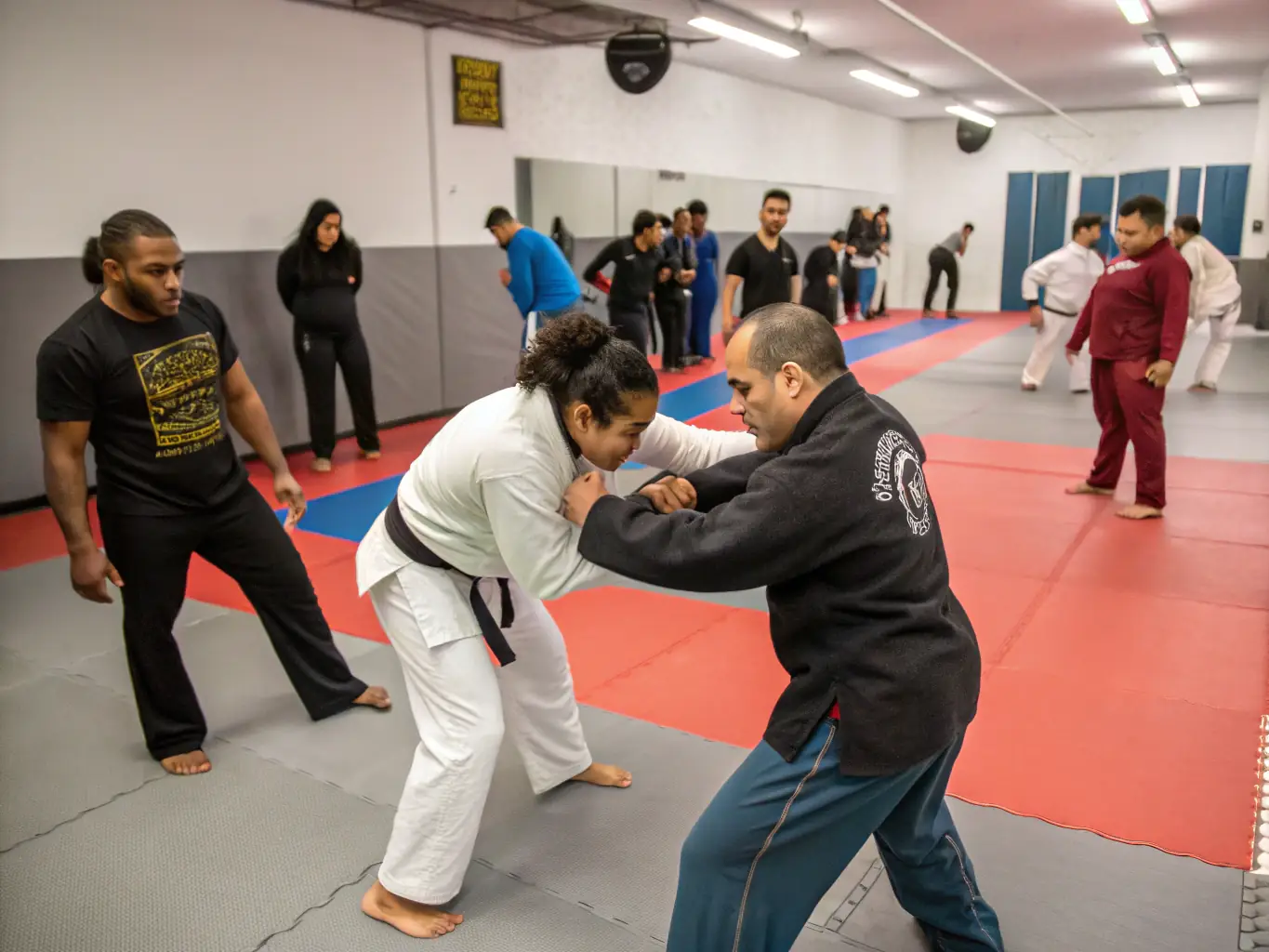 A diverse group of adults participating in a karate class, with an instructor demonstrating a self-defense technique. The image should convey inclusivity and community.