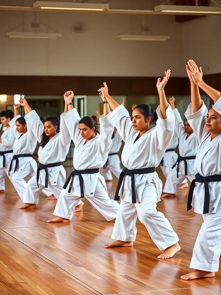 A photograph of diverse KARATE CLUB BERNAY members participating in a group stretching exercise, emphasizing the physical fitness aspect of karate.