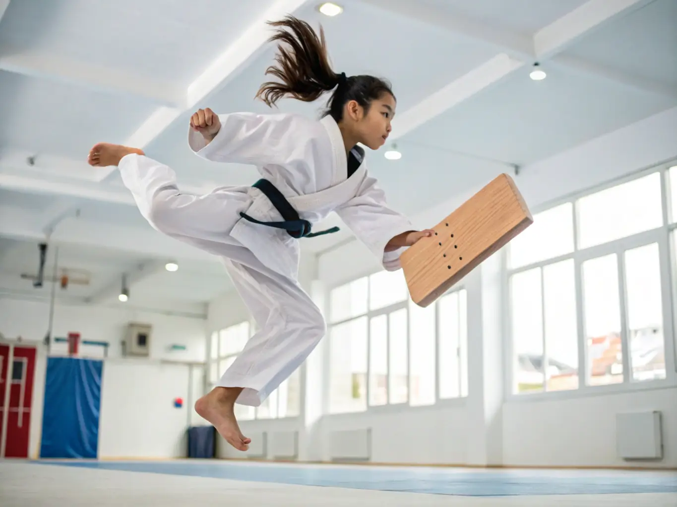 A student at KARATE CLUB BERNAY is shown breaking a board, symbolizing personal growth and achievement under the guidance of the club's training programs.