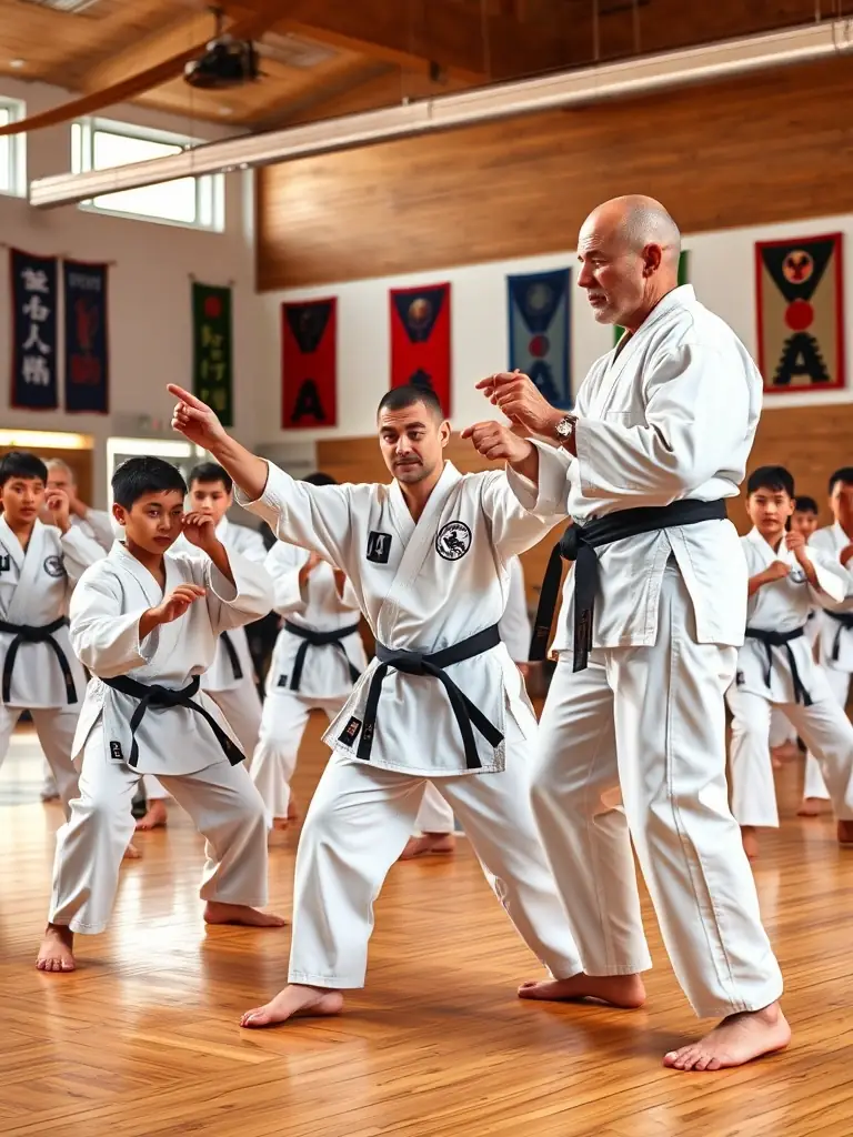 A picture of KARATE CLUB BERNAY members of different ages and skill levels practicing together, demonstrating the club's inclusive environment.