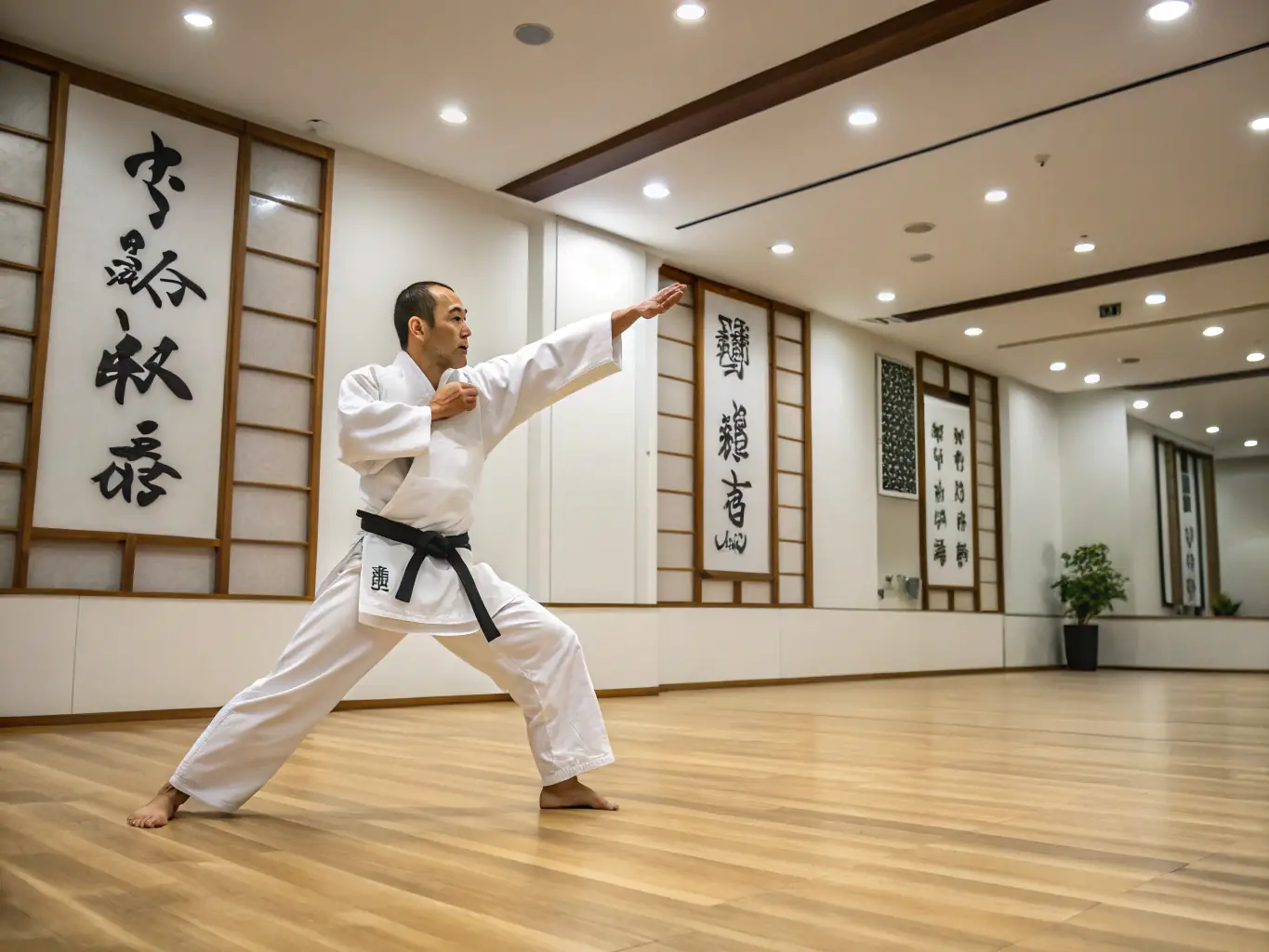 A teenager in a blue karate uniform executing a precise kick during a sparring session. The image should highlight the power and control of the technique.