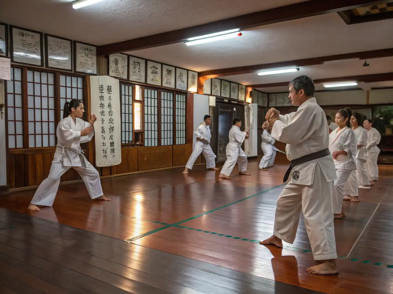 A group of diverse students of varying ages and skill levels practicing karate together in a dojo, led by an experienced instructor. The atmosphere is supportive and encouraging.